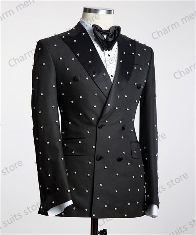 Blazer de luxo preto masculino, jaqueta personalizada, casaco de negócios do escritório, roupa do smoking do casamento do noivo, roupa do noivo, cristais, 1 pc