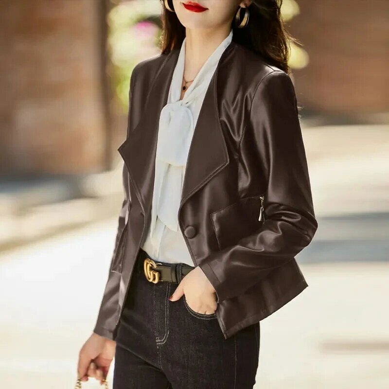 Jaket kulit wanita, Blazer setelan kulit wanita musim semi dan gugur 2024, Blazer elegan gaya baru, mantel santai pendek kelas atas