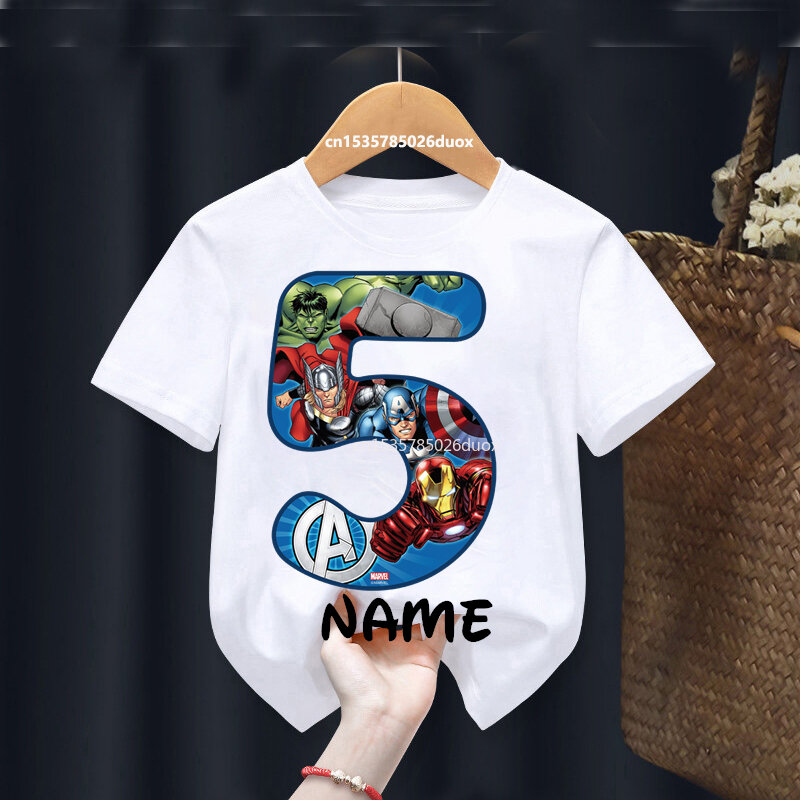 Chłopiec 2 3 4 5 6 7 8 9 urodziny superbohater lato T-shirt z krótkim rękawem Avengers indywidualny nadruk imienia urodzinowe koszule dziewczęce