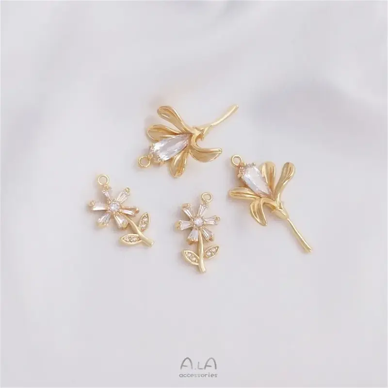 Ouro 14k embutidos zircão pingente de flor, brincos DIY, colar, pulseira, encantos da jóia, K375