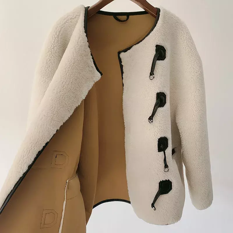 Jaqueta feminina de pele sintética emendada com o pescoço, bolsos de peito único, casacos quentes soltos casuais, outono e inverno
