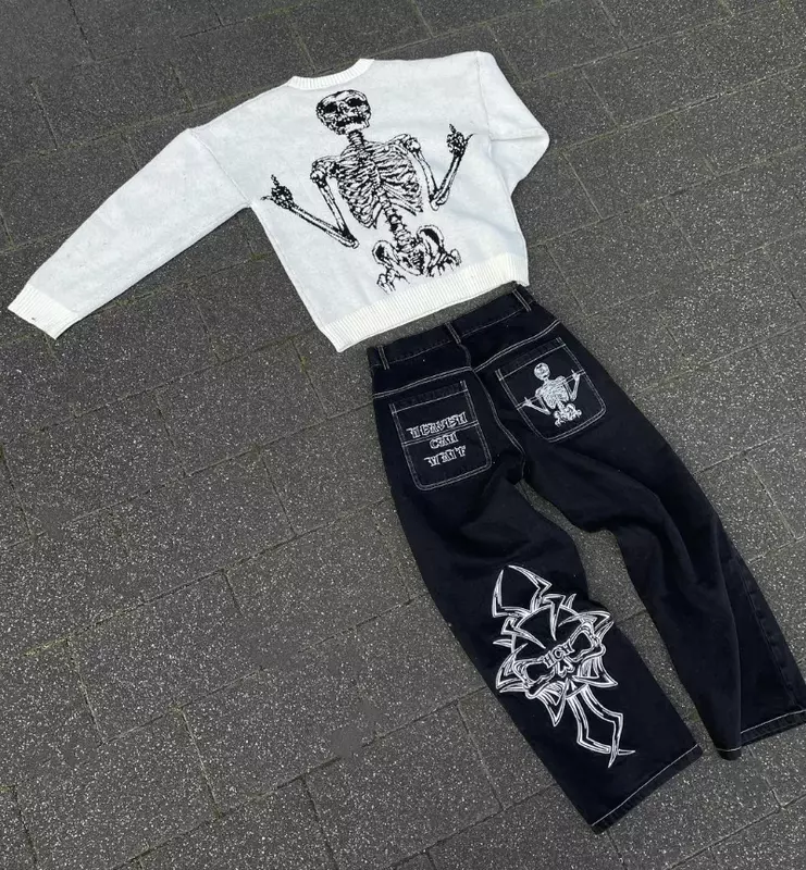 Y2K Jeans Embroidered Skull Pattern Couple High-end Loose American Style Loose Street Diablo Old Washed Straight Leg Pants