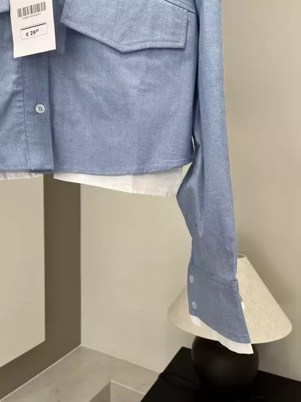 Vrouwen Nieuwe Mode Flip Decoratie Cropped Revers Casual Oxford Blouses Vintage Lange Mouw Knoop-Up Dames Shirts Chique Tops