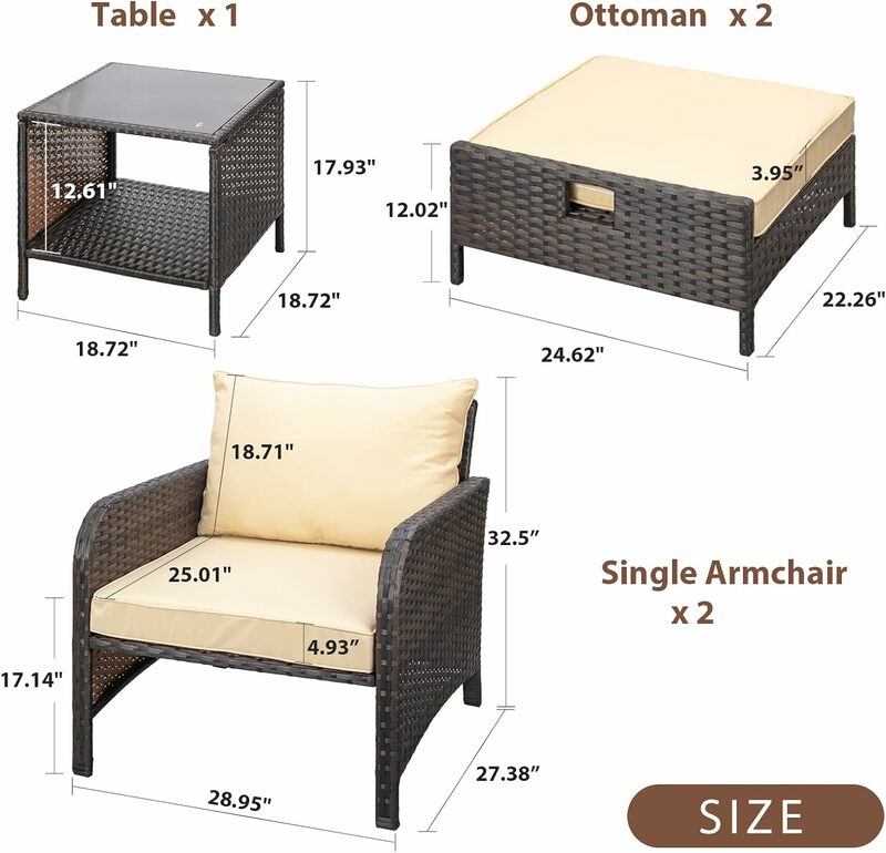 Conjunto de cadeiras ao ar livre PE Wicker Rattan Lounge, conjunto de conversação do pátio, almofadas macias, 2 otomanos e mesa de vidro para varanda, multi cores, 5 peças