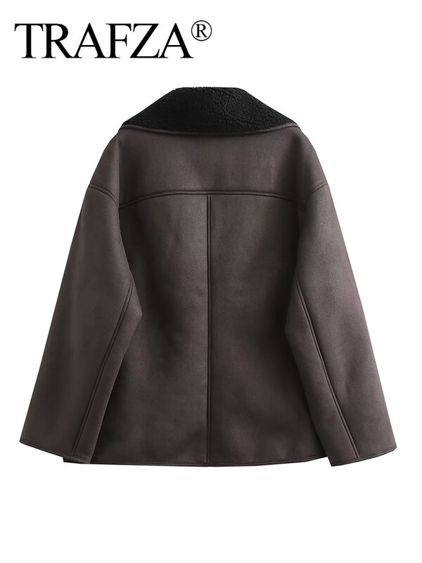 TRAFZA 2023 Winter Women Vintage Long Sleeve Warm Faux Leather Fleece Jacket Coat Female Casual Solid Pocket Outwear Lapel Tops