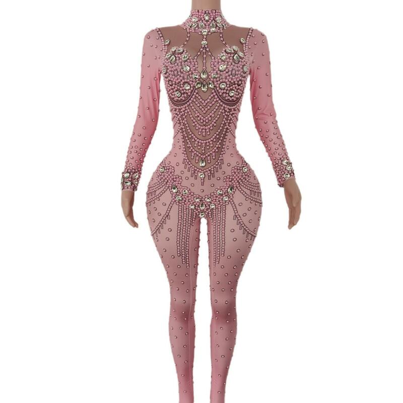 ผู้หญิงไนท์คลับปาร์ตี้สวมใส่เครื่องแต่งกายประสิทธิภาพเซ็กซี่ Stage สีชมพู Jumpsuit สีชมพูแก้วคริสตัลประกายบอดี้สูท