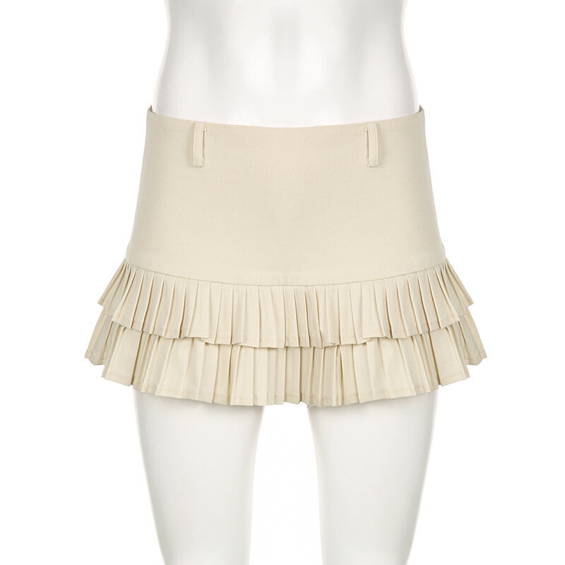 Облегающая однотонная двухслойная плиссированная мини-юбка для лета, женские юбки, новинка 2024, соблазнительная однотонная универсальная юбка с низкой талией для женщин