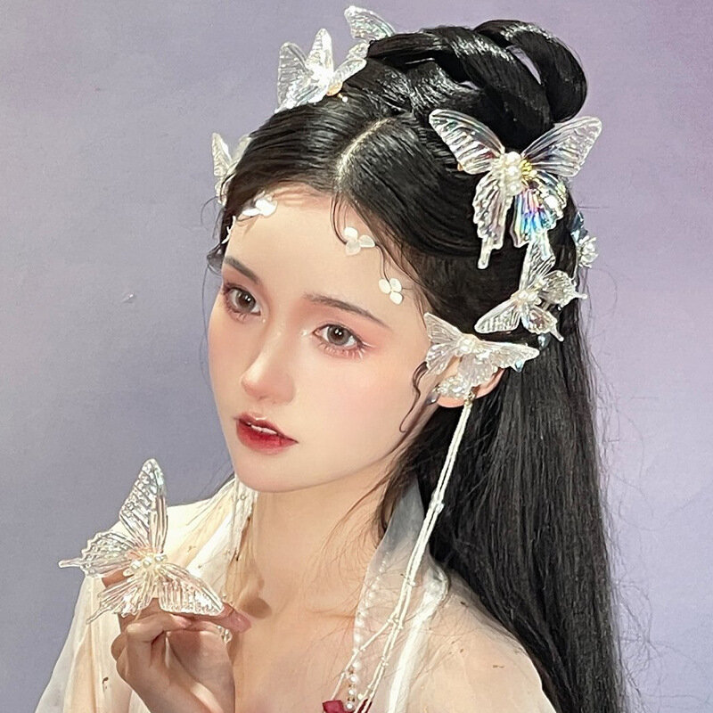 Chinese Hanfu Fairy Hair Clip para Mulheres, Hairpin Borboleta Transparente, Headwear Elegante, Acessórios Meninas