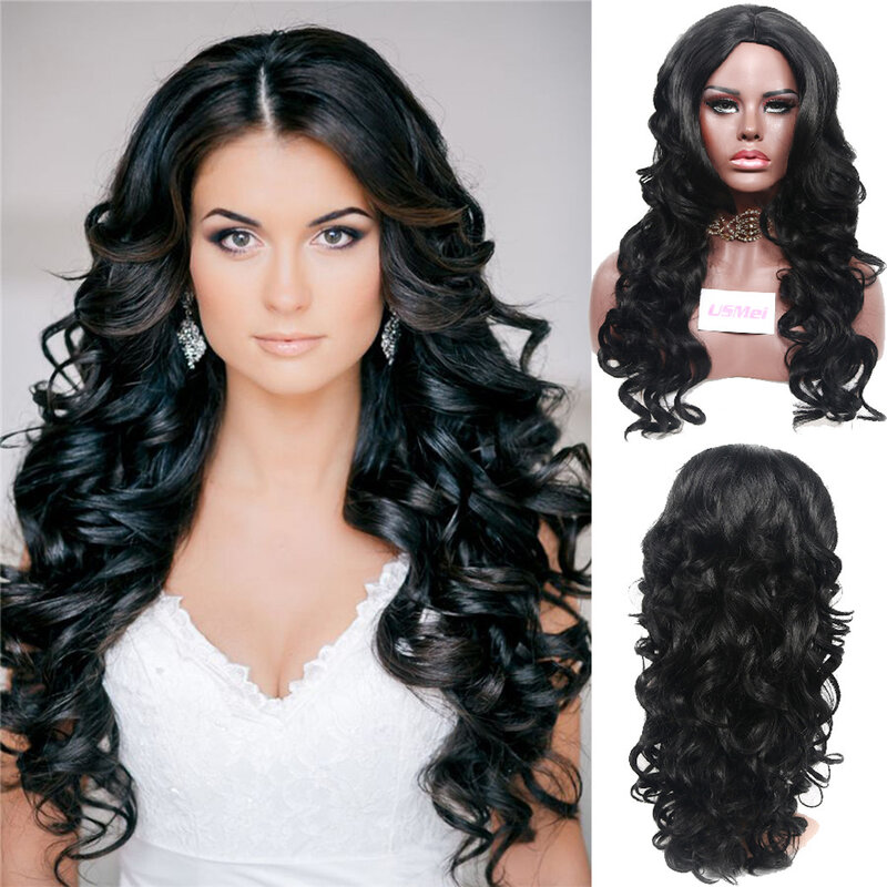 Wig kasual gelombang sintetis mode pusat Wig Parted sekitar 30 inci Wig rambut tahan panas warna alami untuk wanita hitam