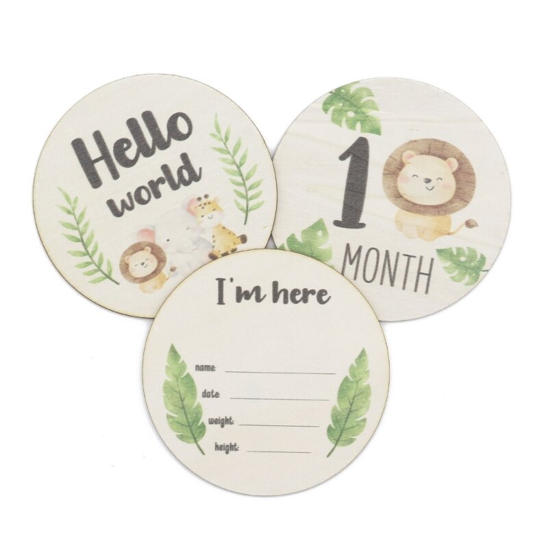 6 Pcs Cartoon Animal Printed Gender/Month Wooden Cards Newborn Monthly Recording Commemorative Cards Baby Milestone Card