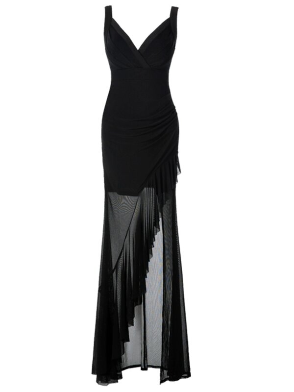 Black Mesh Sexy Long Dress with Slit Strap and Buttocks Wrapped Temperament,socialitewaist Upevening Dresswithchest Papartydress