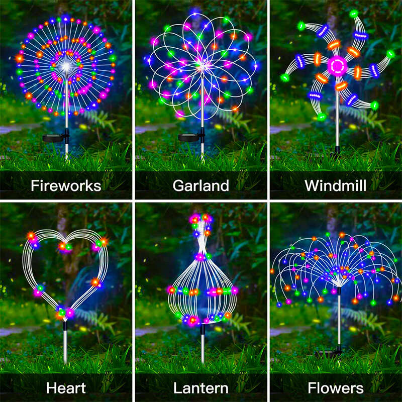 Fogos de artifício ao ar livre Fairy Lights, lâmpada solar, impermeável, decoração do jardim, gramado, caminho, LED, fogo de artifício