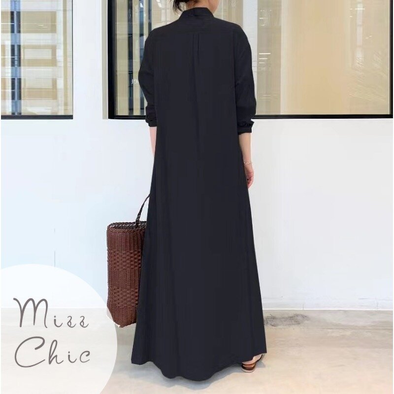 Elegant Pockets Shirt Maxi Green Dress 2023 Chic Long Sleeve Single-breasted A-line Cotton Dresses Femme Casual Autumn Clothes