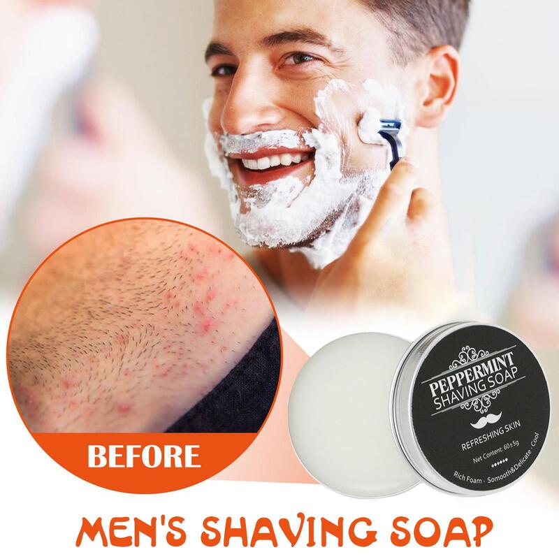 Jabón de afeitar para hombres, espuma aromática de menta, jabón suave hecho a mano rico, crema suave para afeitar, no estimulante de barba, F8U6, 60g