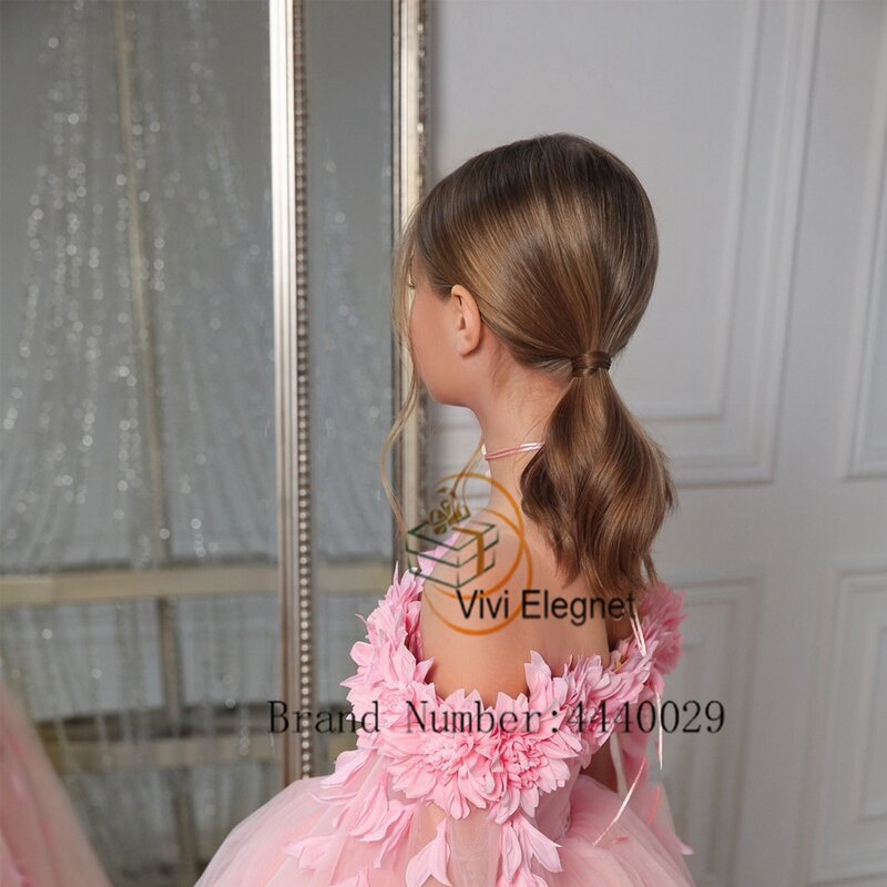 สีชมพูปิดไหล่คอดอกไม้ชุดเดรสเด็กผู้หญิงสำหรับวันเกิด2023ฤดูร้อน Soft Tulle งานแต่งงาน gowns ดอกไม้ бاكاب