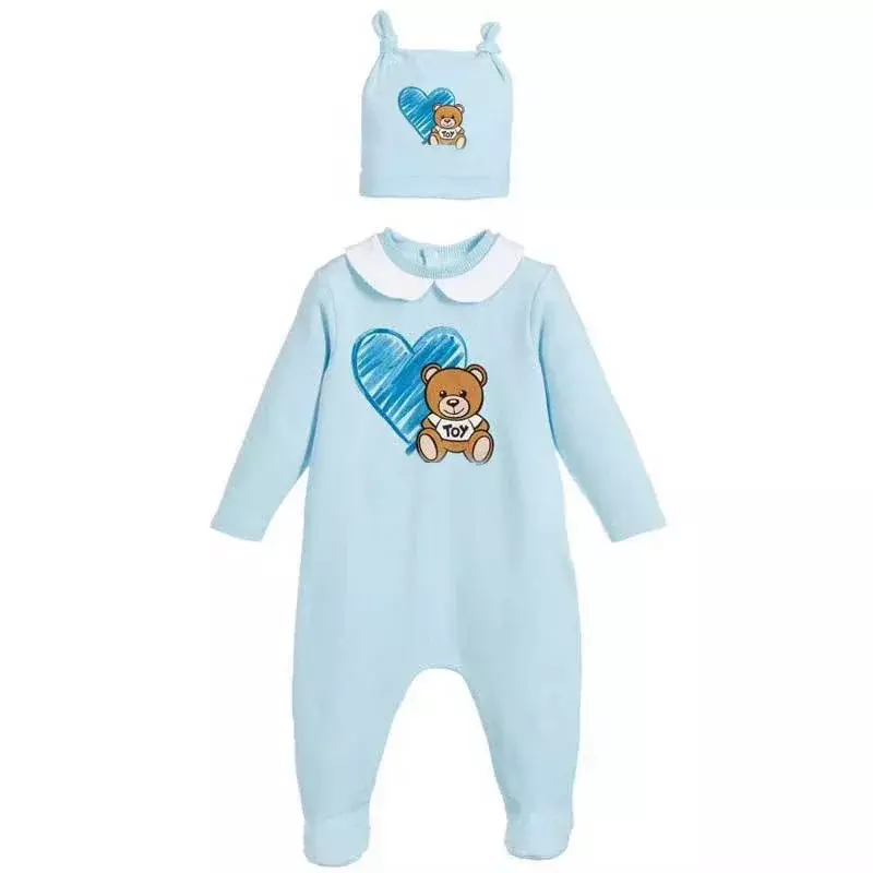M01-Colchones de marca de moda para niños, ropa de algodón con estampado de oso de dibujos animados, pelele para bebé recién nacido, conjunto de gorro y baberos, novedad