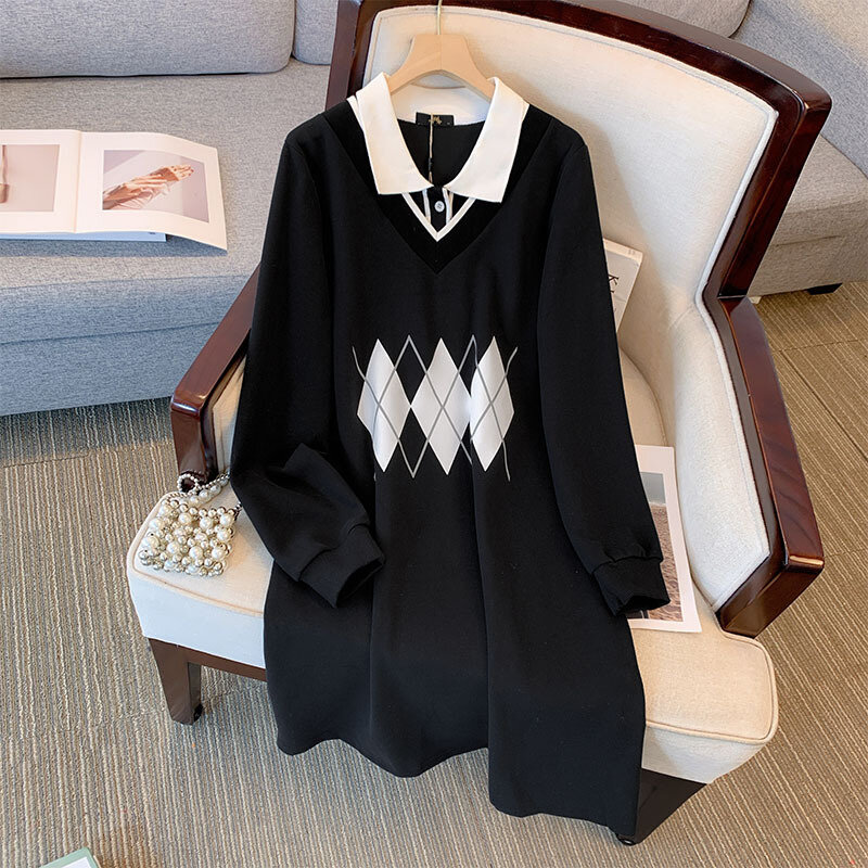 Женское обхват груди 155, весеннее осеннее свободное платье-свитер с длинным рукавом и имитацией двух частей, черное платье-поло 5XL, 6XL, 7XL, 8XL, 9XL, 150 кг
