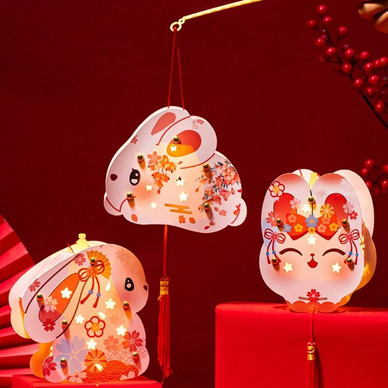 Farol chino de mediados de otoño con forma de conejo, farol Vintage con luz LED para Festival de mediados de otoño