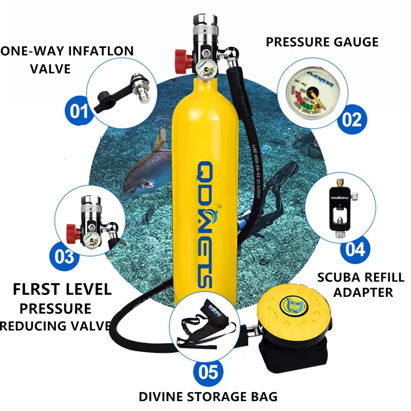 QDWETS-Equipamento De Mergulho, Cilindro De Oxigênio, Respiração Subaquática, Snorkeling Portátil, Kit Tanque De Mergulho, Capacidade, Recarregáveis, 1L