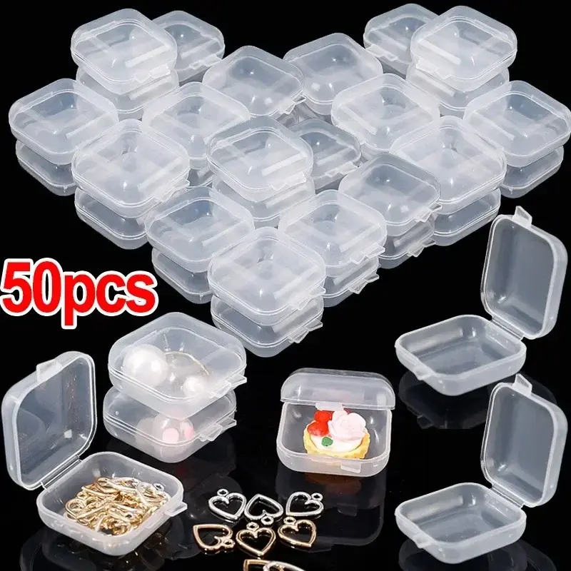 5-50Pcs/Lot Mini Square Storage Box Transparent Plastic Flip Cover Small Case Pill Jewels Dustproof Storage Pack Boxes Wholesale
