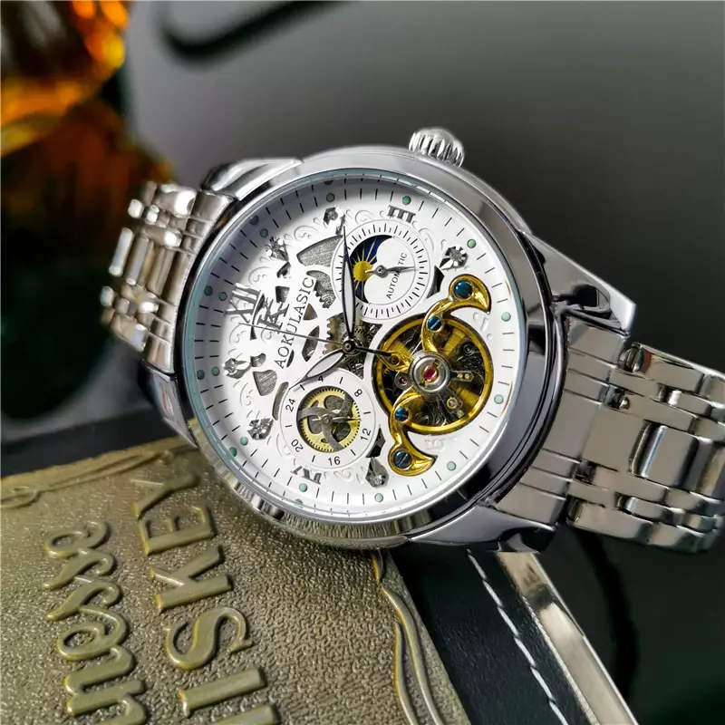 AOKULASIC New Men's Watch Automatic Fashion Multifunctional Waterproof Luminous Mechanical Wrist Watches Moon Relogio Masculino