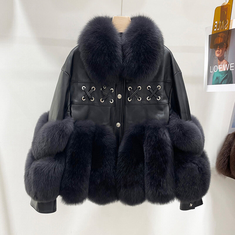 2022 New Luxury Lady Leather Jackets Winter Real Fox Fur Coats Warm Fashion Genuine Sheepskin Windproof Overcoats FL3757