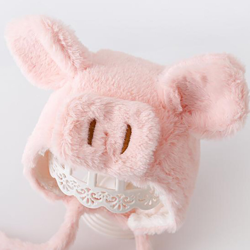 Nowa kreskówka śliczna różowa świnia pluszowa czapka dla niemowląt jesienno-zimowa malucha chłopców i dziewcząt wyściełana zagęszczona ochrona słuchu ciepła czapka