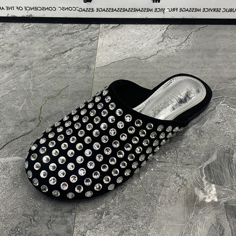 Zapatillas de moda con diamantes de imitación para mujer, Sandalias planas informales de talla grande, zapatos antideslizantes de diseñador de verano
