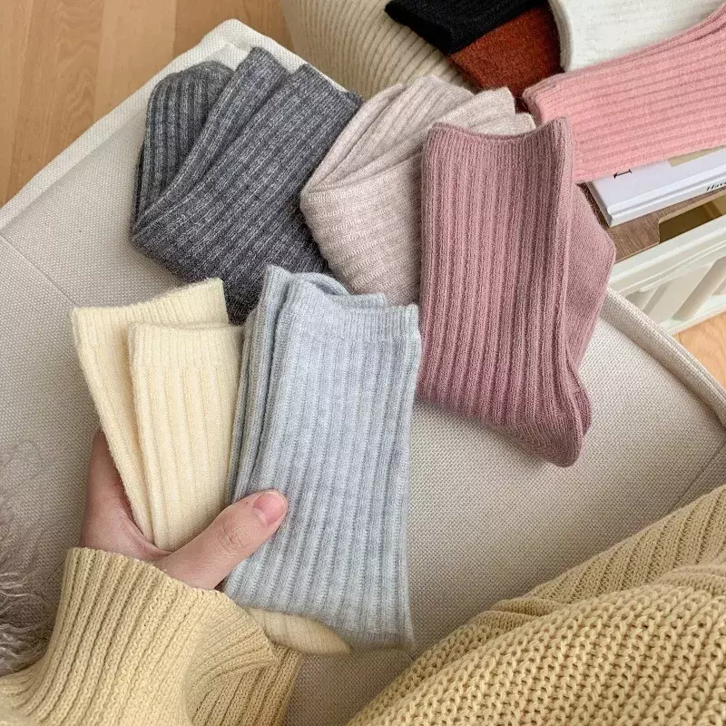 Calcetines gruesos y cálidos de lana Kawaii para mujer, medias de tubo medio, Harajuku, coreano, japonés, invierno, alta calidad, 2 pares