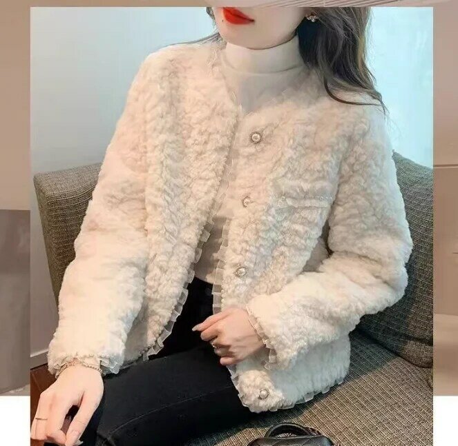 Pakaian wanita 0124, mantel bulu palsu tepi manik-manik renda tekstur tinggi musim dingin
