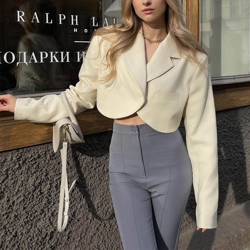 Autunno inverno donna abiti fuori usura colletto rovesciato manica lunga Crop Top ufficio abbigliamento donna moda Casual Solid Suit cappotti