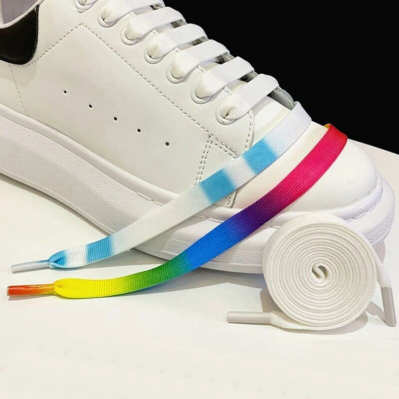 1คู่130/140ซม. สีสร้างสรรค์กีฬา laces รุ้งเชือกผูกรองเท้าลำลองของผู้หญิงไล่ระดับสีเชือกผูกรองเท้าแบนกว้างและหนา