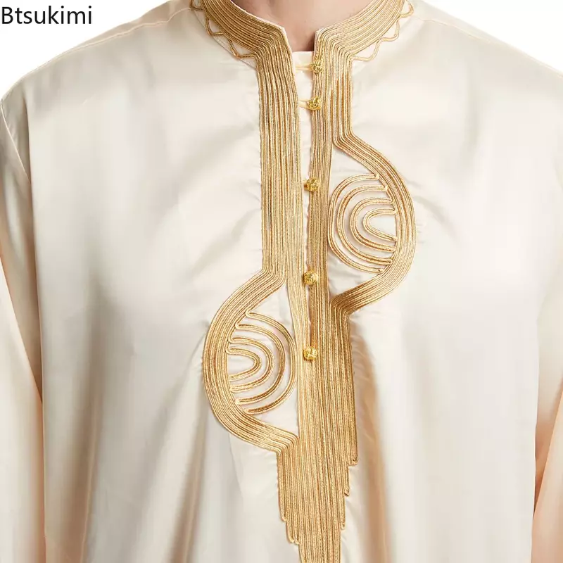 Мусульманская Мужская одежда, кафтан с длинным рукавом, стоячий воротник, Eid Thobe Kurta, Арабская модель, Дубай, мусульманская привычка, этнический отдых