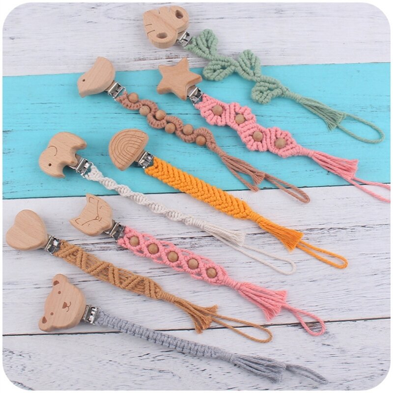 Vintage Crochet Flower Baby Pacifier Clip Handmade Cotton Rope Beech Wooden Beads Nipple Holder Anti-drop Dummy Soother Clips