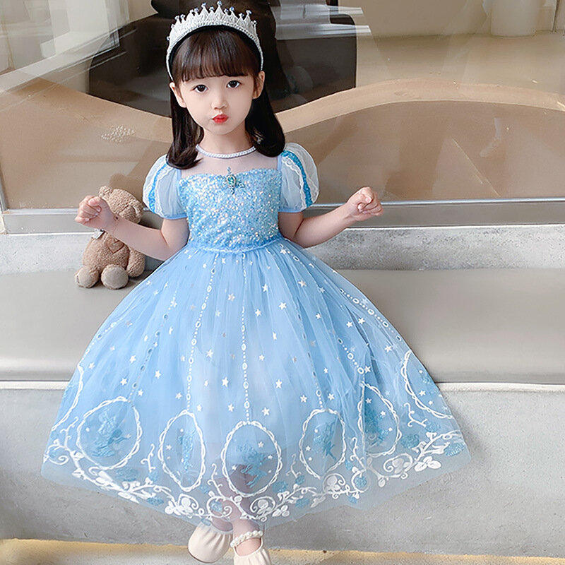2022 Summer Frozen Elsa Princess Dress Girls Mesh Short Sleeve Dresses For Kids Clothing Robe Halloween Party Cosplay Costumes