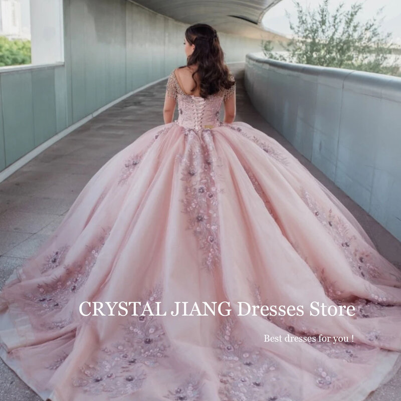 Элегантное Длинное Розовое Кружевное блестящее платье Quinceanera с круглым вырезом и 3D цветами Бальные платья Vestido De 15 Quinceaneras