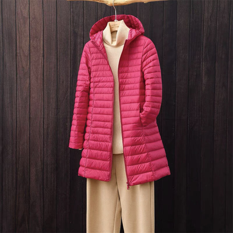 여성용 후드 캐주얼 슬림 다운 재킷, 휴대용 후드 롱 다운 코트, 여성 초경량 얇은 재킷, 아브리고, 가을, 겨울, 신상
