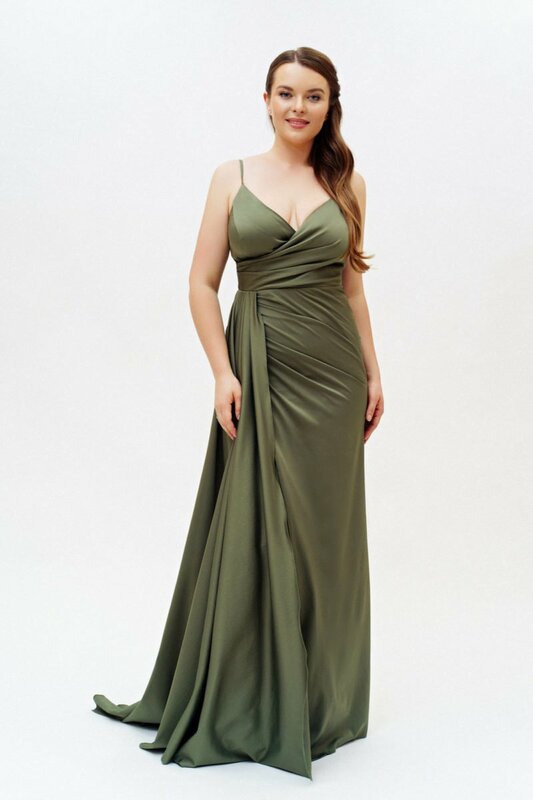 V-Neck Satin Bridesmaid Dresses for Wedding High Slit Bodycon Spaghetti Straps Prom Dress Pleated Formal Evening Party Gowns