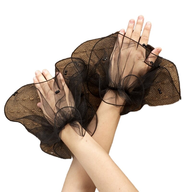 Women False Sleeves Flared Cuffs Tulle Studded Pearls Ruffled Cuffs Wristband