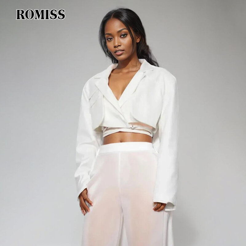 ROMISS Casual Hollow Out Blazer For Women Tailored Collar Long Sleeve Spliced Lace Up Slimming Sexy Blazers Female Fashion 2024