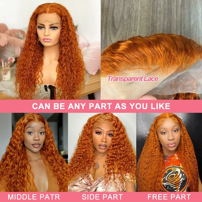 Ginger Orange Curly Lace Front Human Hair Wigs HD Lace Free Part 133 Ginger Orange Deep Wave Brazilian Human Hair with Baby Hair