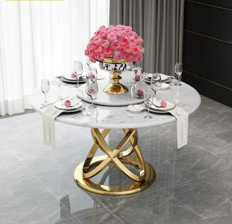 Modern home furniture dining room table sets marble top round dining table with shining stainless steel base
