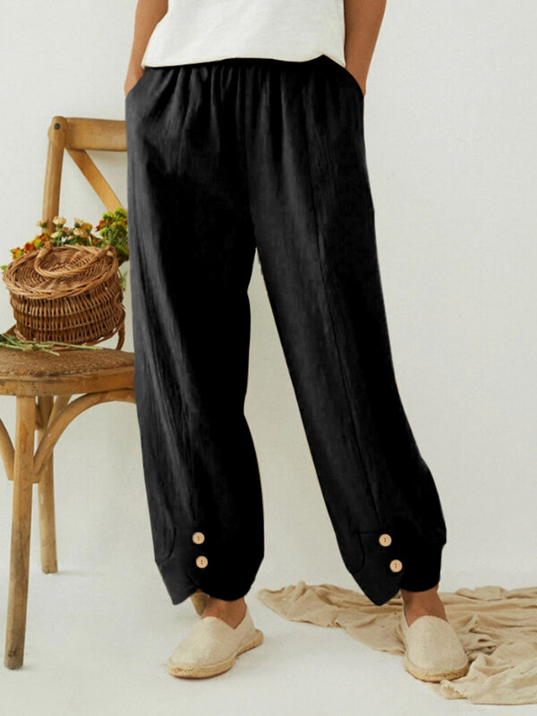 Women's Clothing Cotton Linen Trousers Summer Pocket Solid Color Button Casual Pants Pantalones De Mujer Women Vintage Trousers