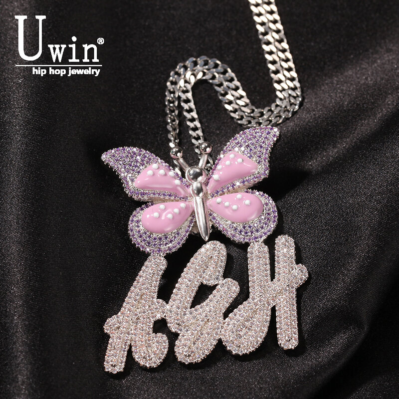 Uwin Custom Initial Anhänger Pinsel Buchstaben Mit Schmetterling Name Halskette Iced Out Personalisierte Halskette Geschenk Tropfen Verschiffen