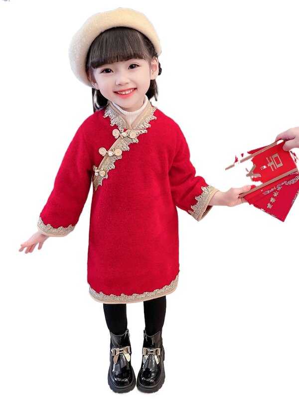 Mädchen Cheong sam, Tang Dynastie, Winterkleid ung, Baby Neujahr Kinder Plüsch und verdicktes Kleid, rot warm Hanfu neues Modell