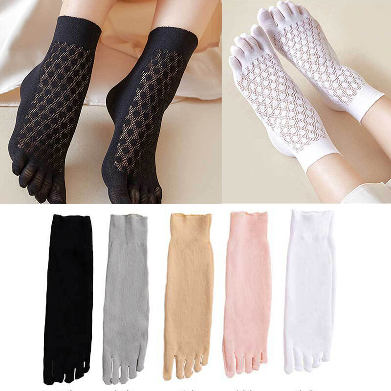 Calcetines finos de cinco dedos para mujer, medias de encaje de 5 dedos con dedos separados, suaves y transpirables, de Color sólido
