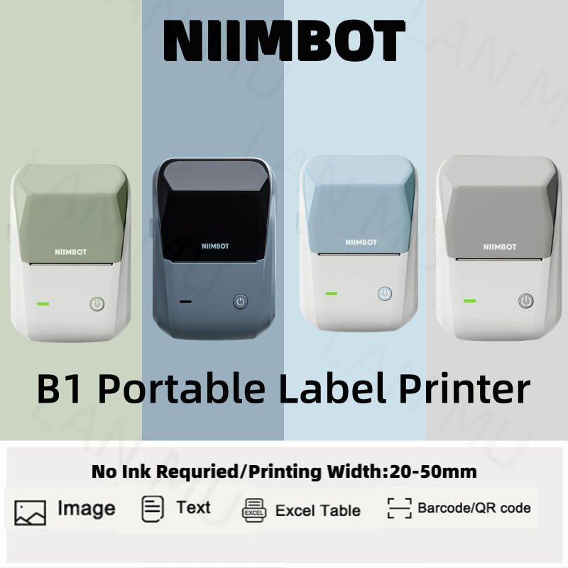 Niimbot B1 Printer Label portabel, Printer termal genggam Mini Barcode kode QR kertas warna kabel pembuat gulungan