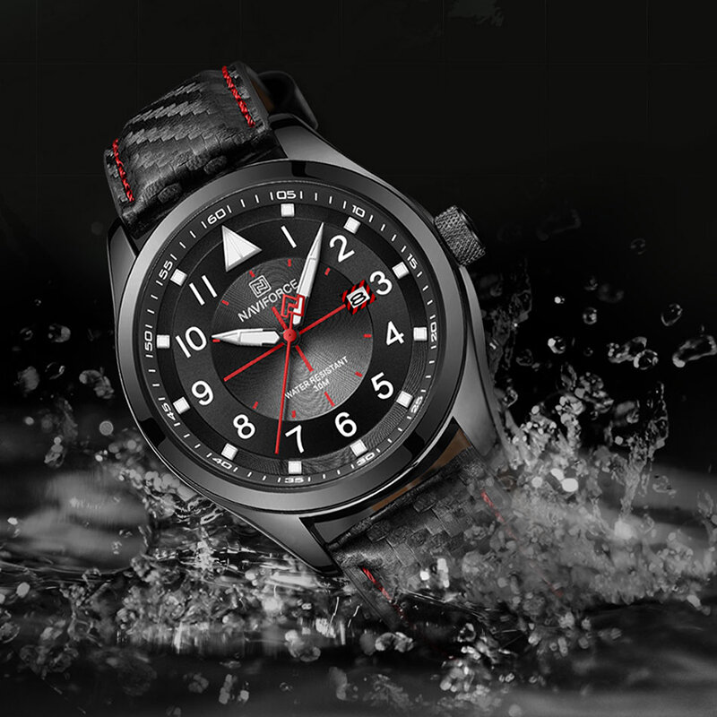 NAVIFORCE Men oryginalny czarny zegarek z paskiem skórzanym 30m wodoodporny Casual kwarcowy zegarek męski z kalendarzem ze świecącymi rękami zegarki męskie