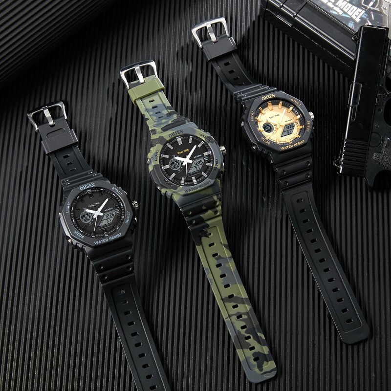 New Men Watch Quartz Digital Led Dual time Camouflage Army Green Wristwatches Waterproof Male Stopwatch Watches reloj hombre