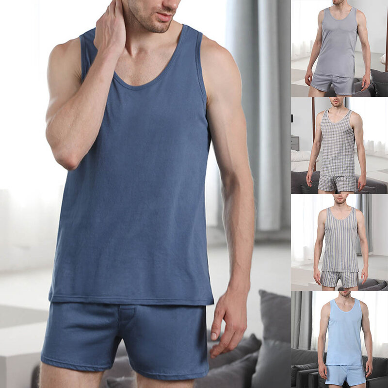Conjunto de pijamas de algodão masculino, colete sem mangas, shorts, sleepwear, loungewear, pijamas, streetwear, lazer, tops, verão